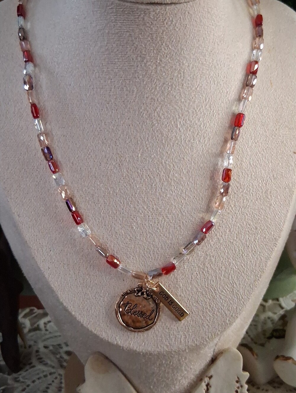 Blessed Glass Bead Necklace with Gold Tone Charm - Red & Clear